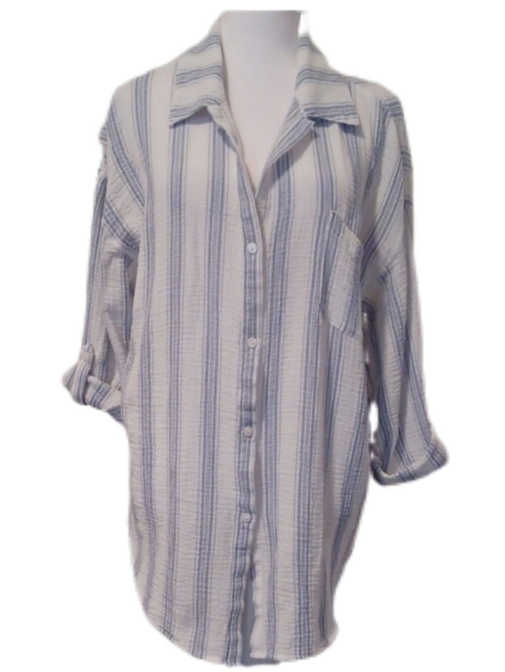 ** Coastal Comfort Women's White & Blue Striped Button-Up Shirt Size Large